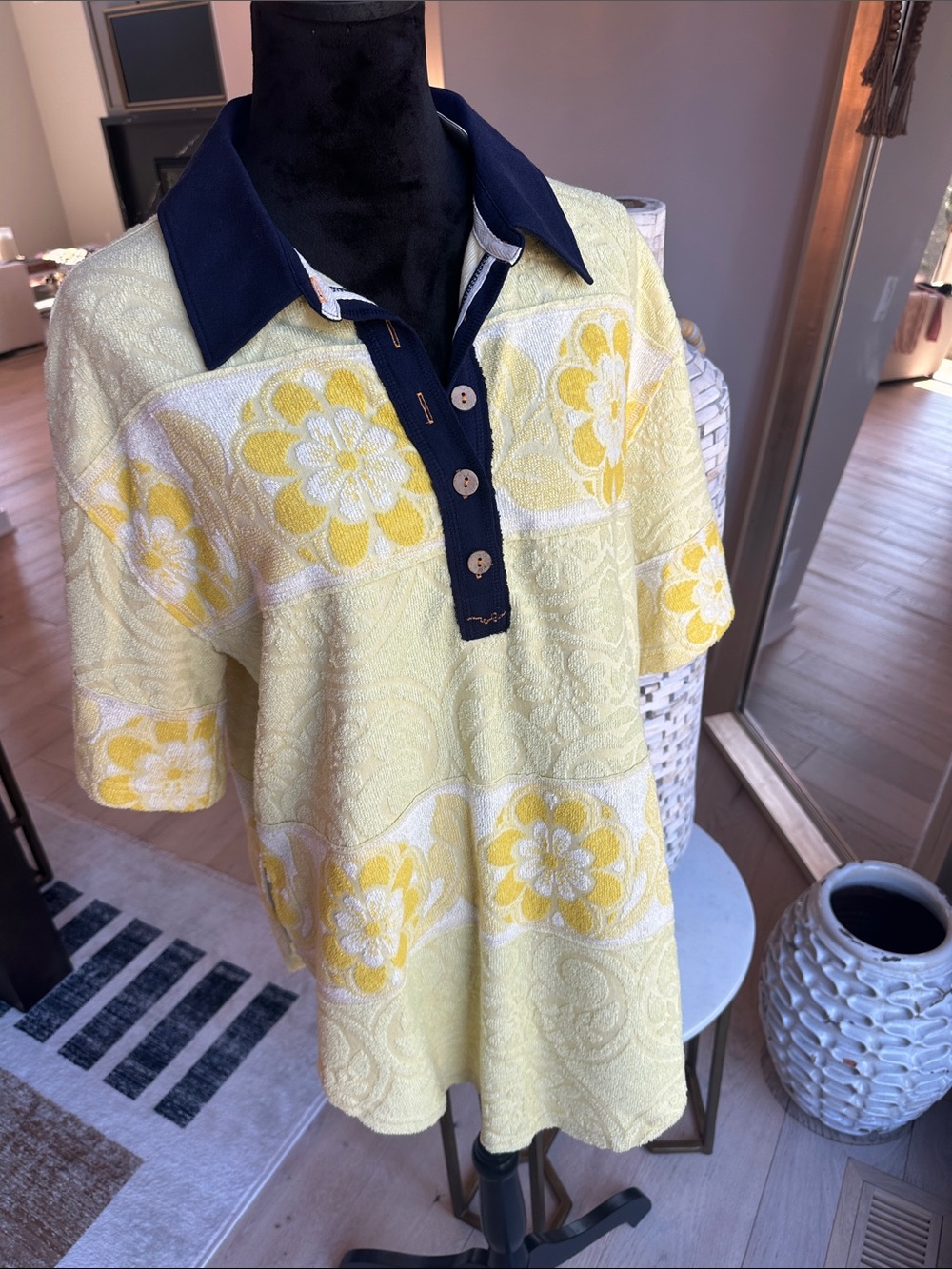 Free People Yellow Floral Terry Polo with Navy Placket